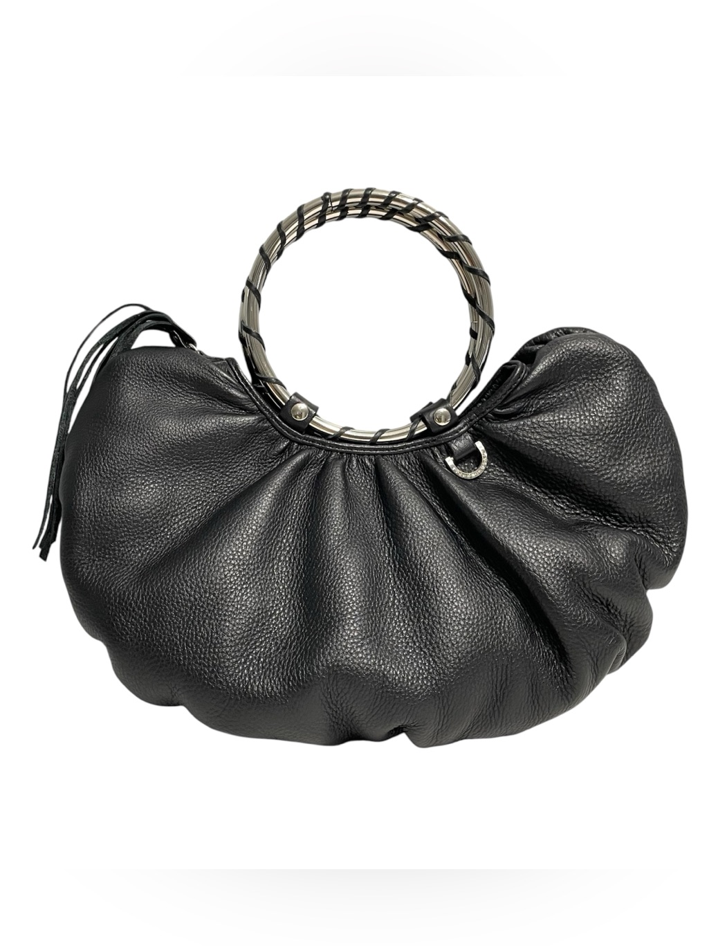 Vintage Babee D Black Leather Ring-Handle Hobo Bag Handbag Boho Western